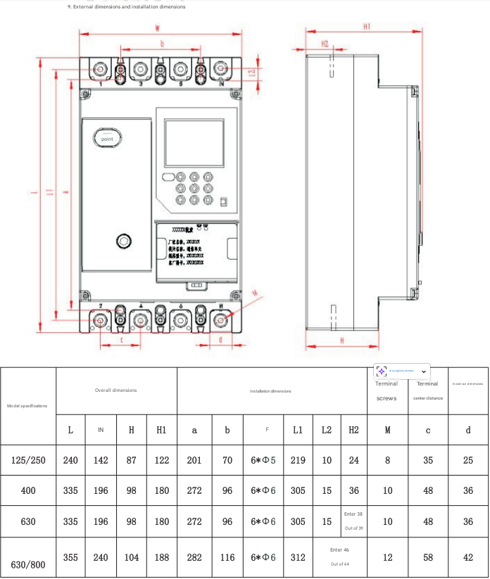 250A Intelligent Auto-Reclosing Circuit Breaker: Dimensions and Specifications