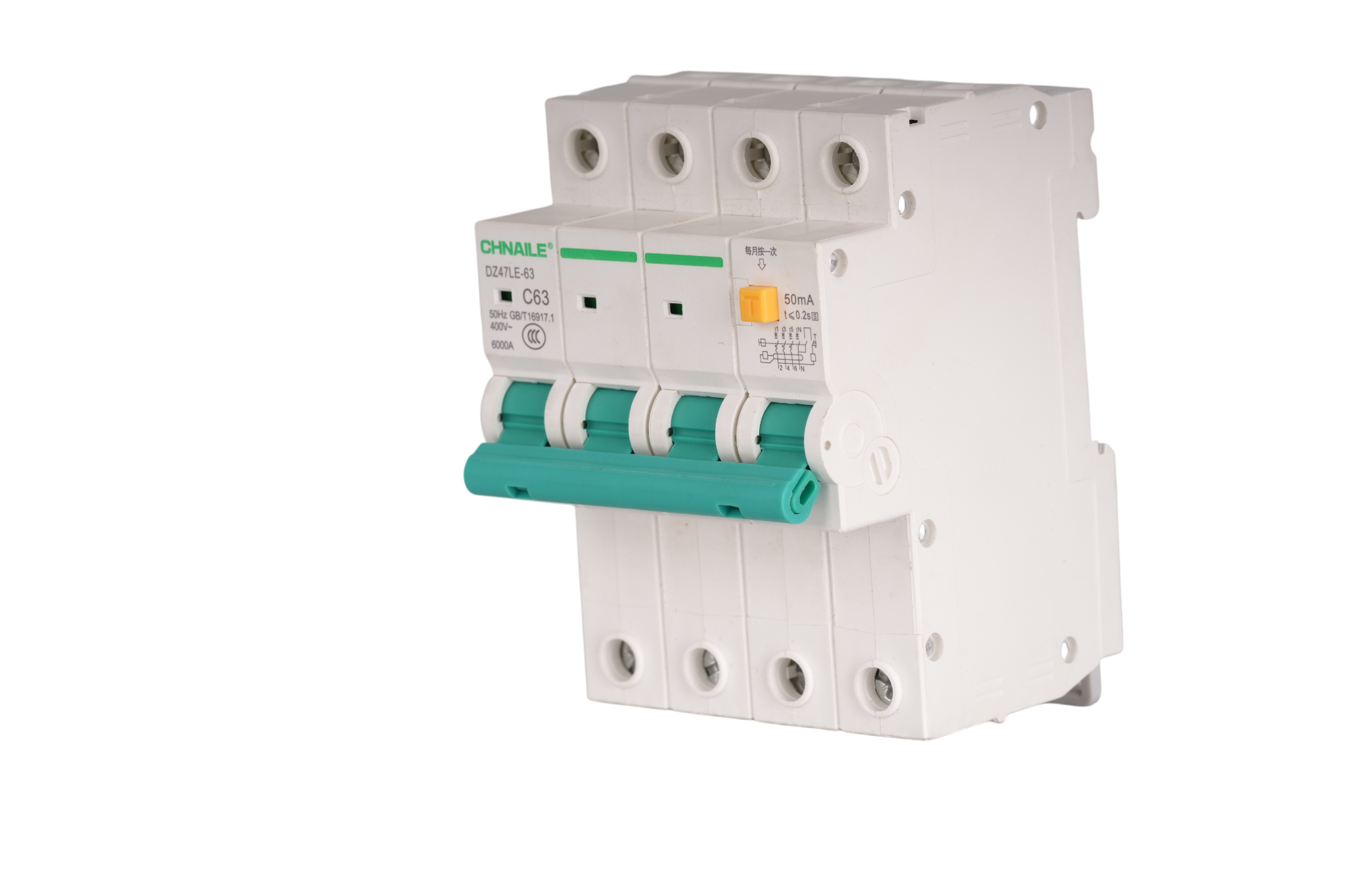 High-Capacity 4P AC RCBO Circuit Breaker 63A 6kA for Commercial EV Charging