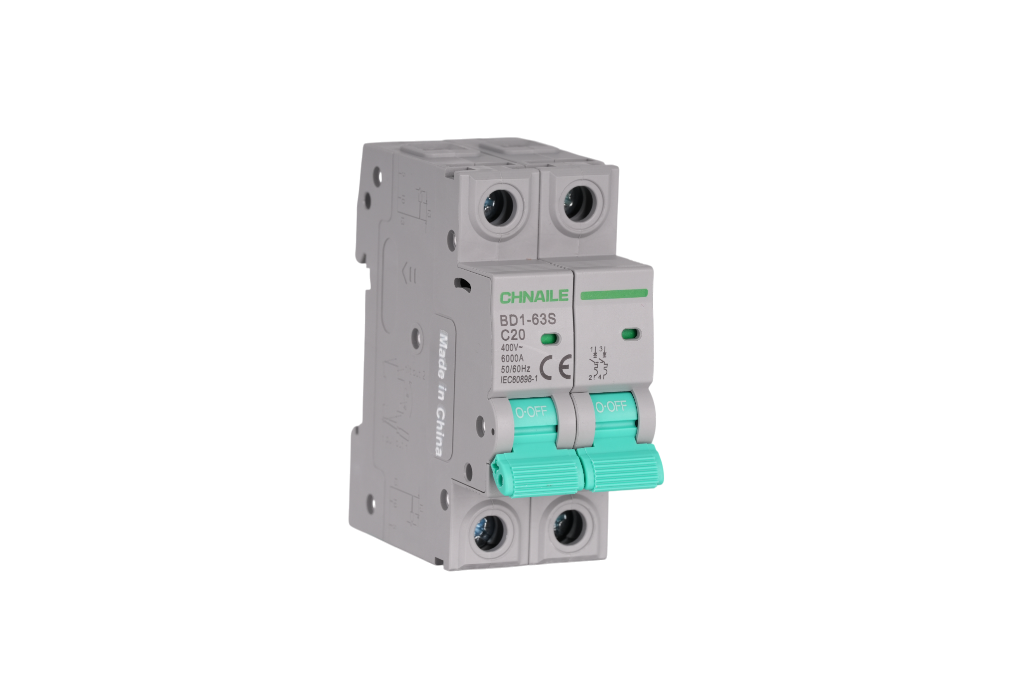 BD1-63S 2P DIN-Rail Miniature Circuit Breaker AC 400V 20A 6kA CE