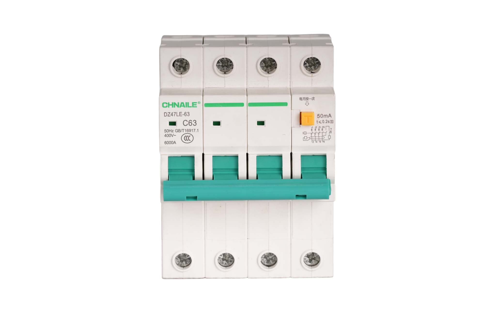 High-Capacity 4P AC RCBO Circuit Breaker 63A 6kA for Commercial EV Charging