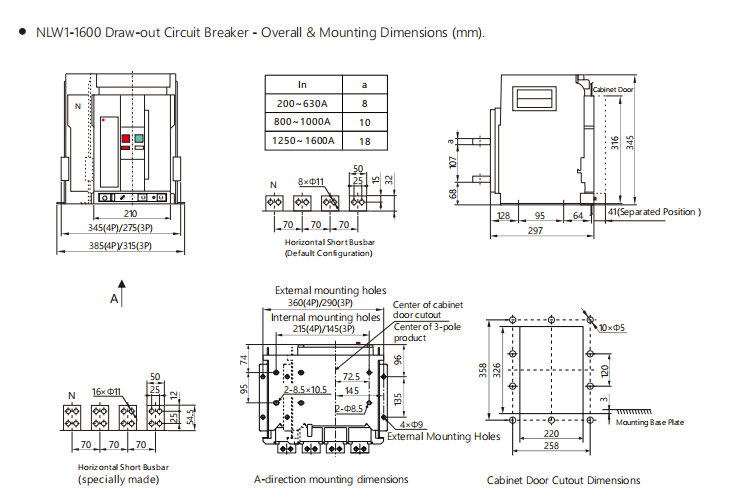 1600A/3P Draw-out Air Circuit Breaker: Dimensions and Specifications
