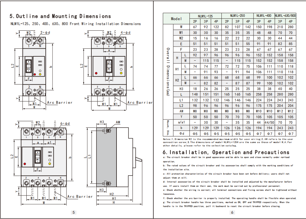 250A Earth Leakage Molded Case Circuit Breaker: Dimensions and Specifications
